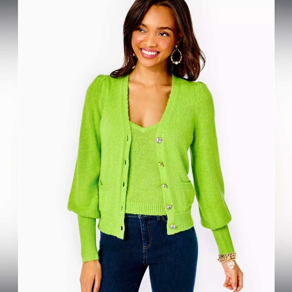 NWT Lilly Pulitzer Angeli Sweater set with puff sleeves and Rhinestone buttons